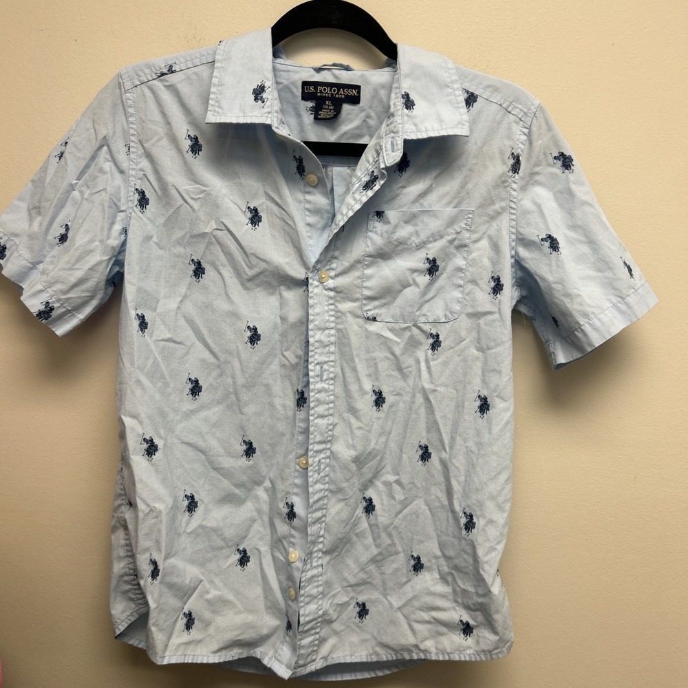 Boys US Polo Size XL 14/16, Blue Short Sleeve Button Down Shirt